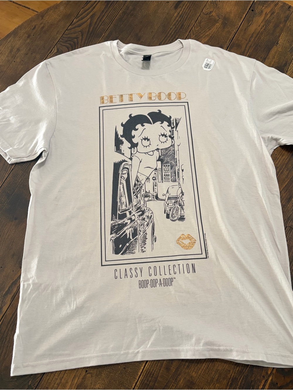 NEW Betty Boop Light Grey Graphic Tee with Gold Accents